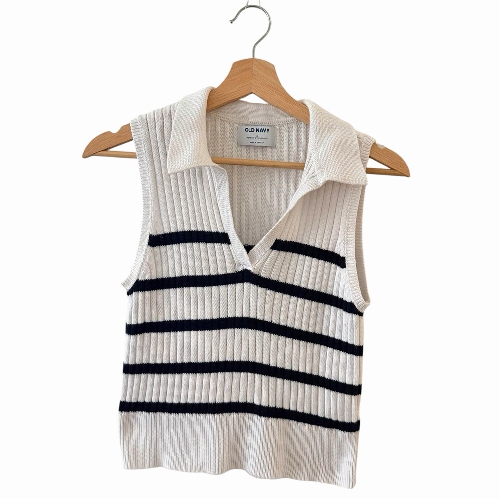 Old Navy Ribbed Sweater Vest Womens Ivory Navy Striped Collared Knit Size S